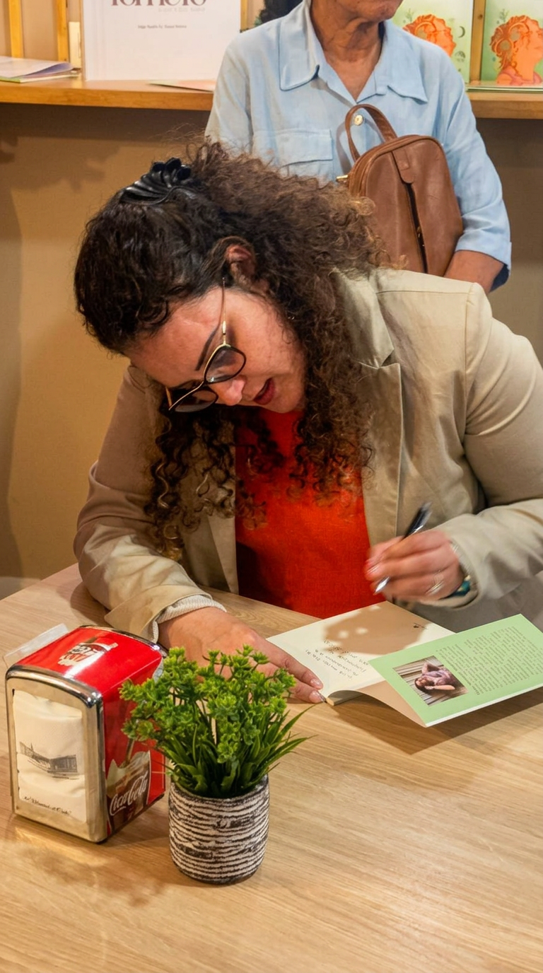 Yadi dedicando un ejemplar a una lectora