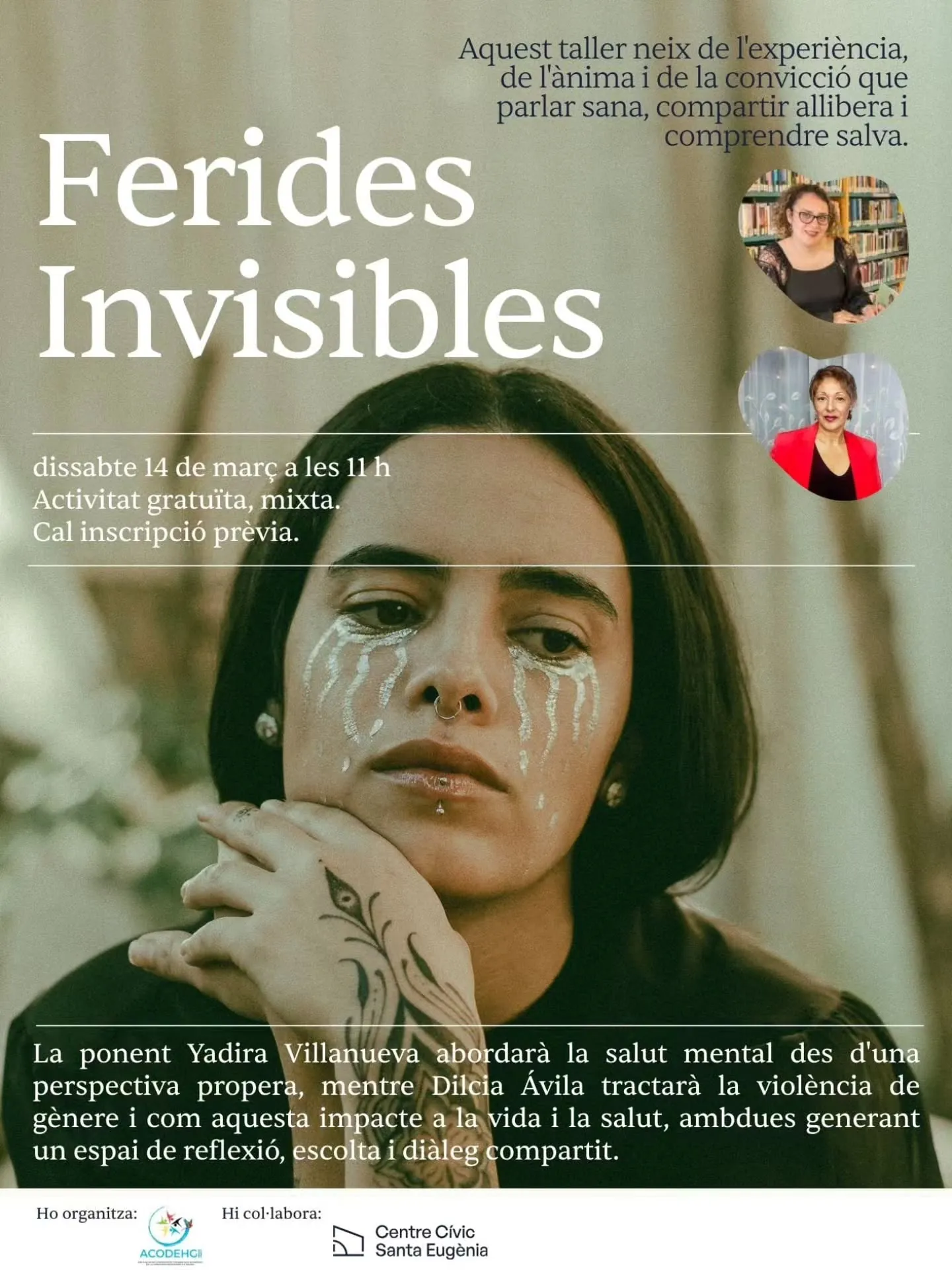 Flyer del taller Ferides Invisibles en el Centre Cívic Santa Eugènia con Yadira Villanueva y Dilcia Ávila