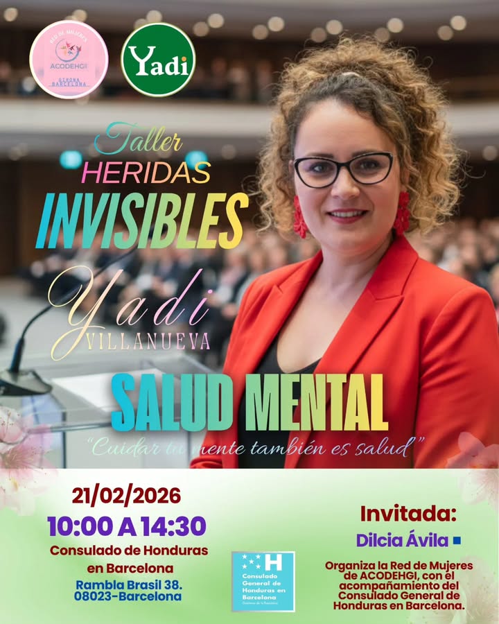 Flyer del taller Heridas Invisibles sobre salud mental en el Consulado de Honduras en Barcelona