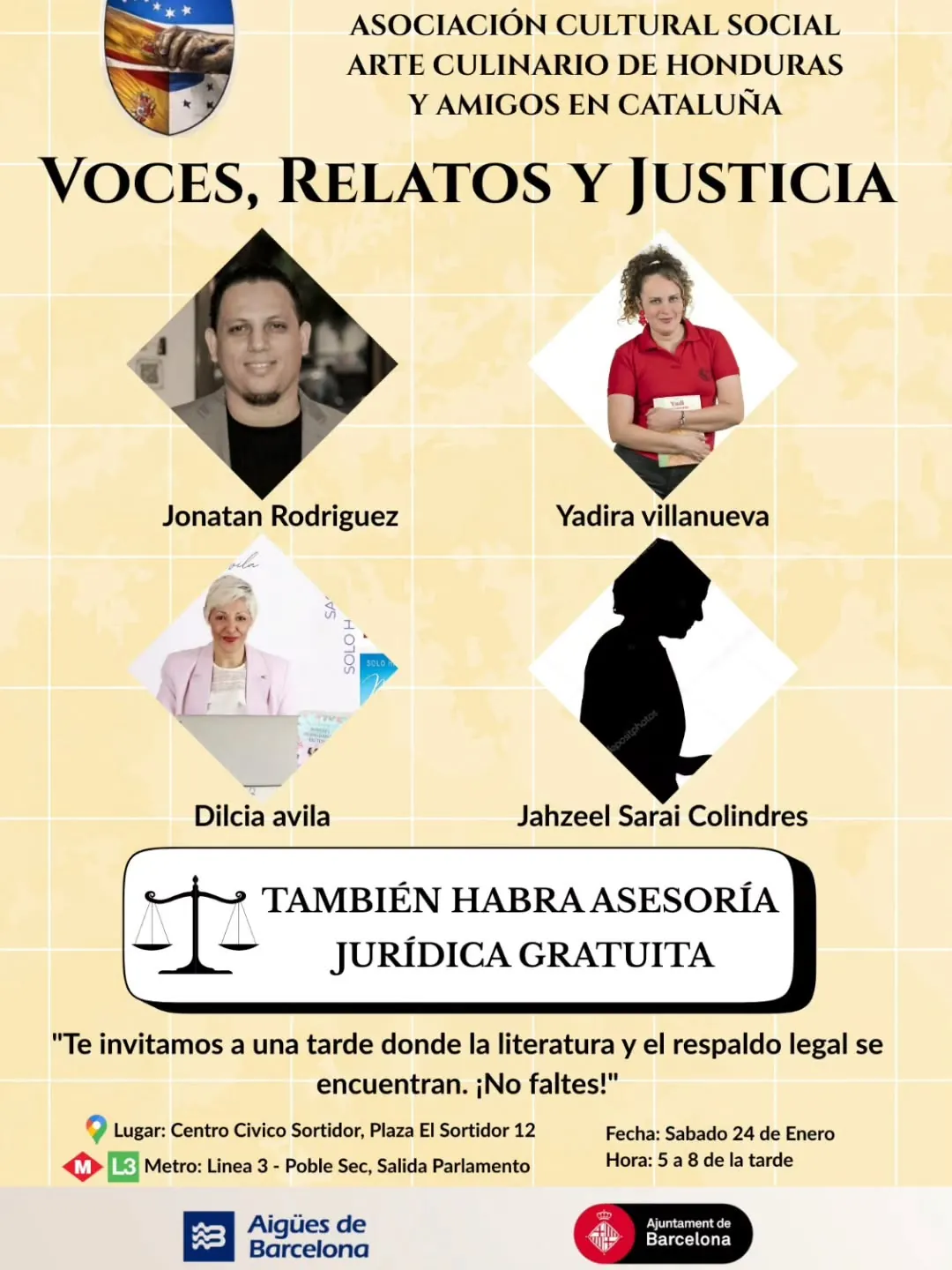 Flyer del encuentro Voces, Relatos y Justicia en el Centro Cívico Sortidor de Barcelona con Yadira Villanueva