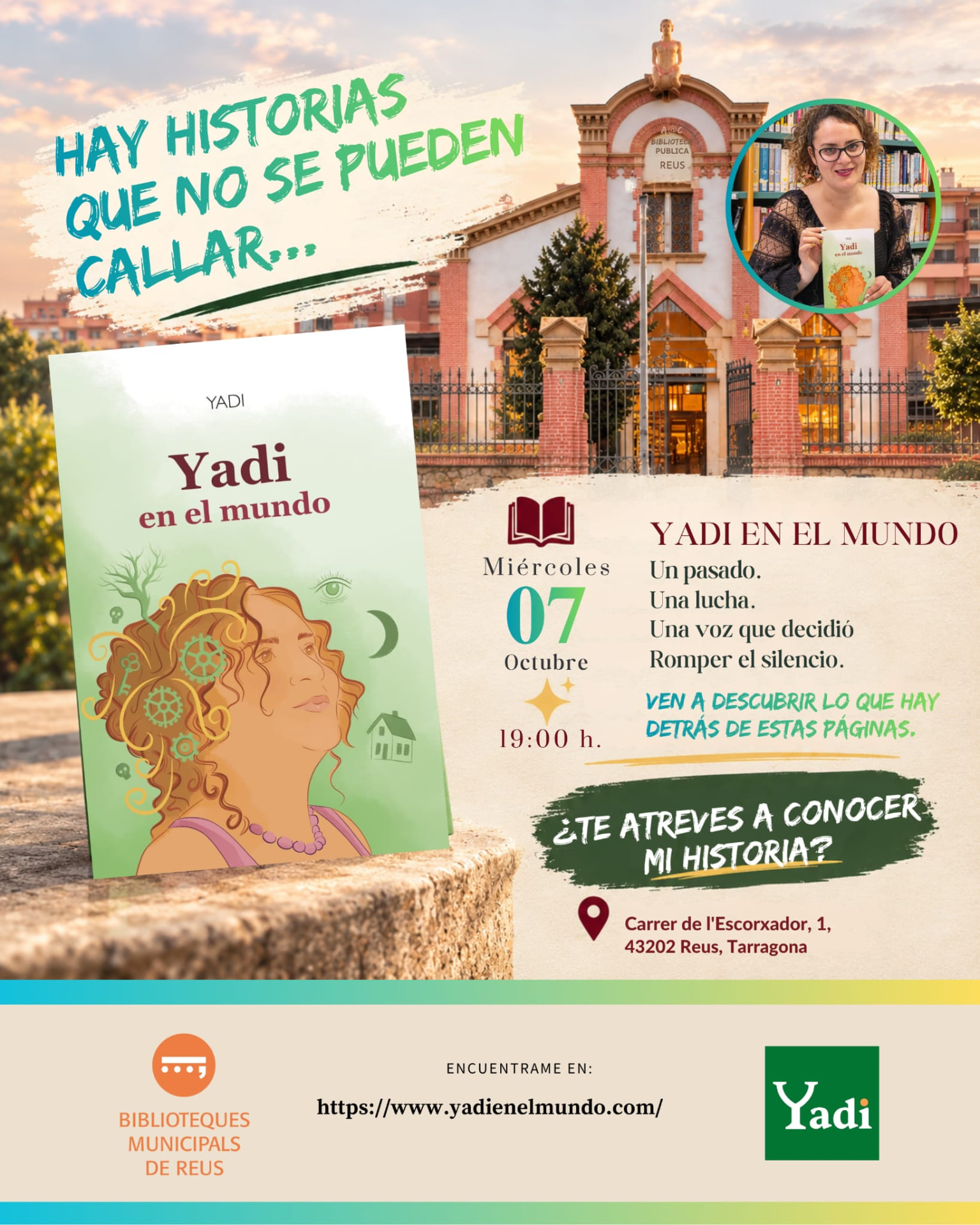 Flyer de la presentación del libro Yadi en el Mundo en Reus, miércoles 7 de octubre de 2026 a las 19:00 h., Bibliotecas Municipales de Reus