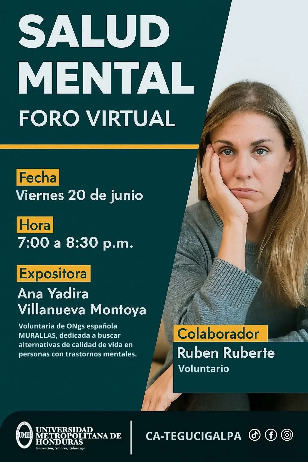 Flyer del foro virtual de salud mental de la Universidad Metropolitana de Honduras con Ana Yadira Villanueva Montoya