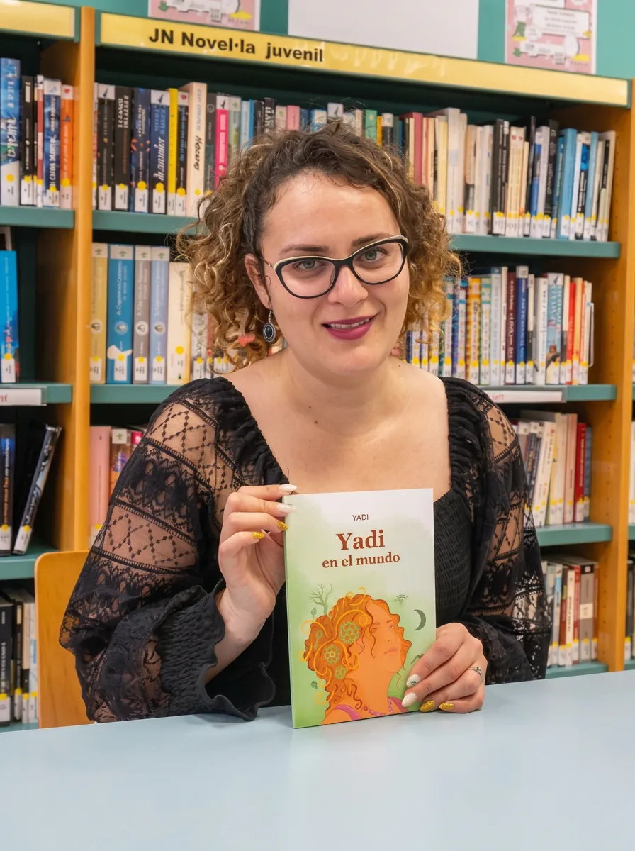 Yadi sosteniendo su libro en la biblioteca