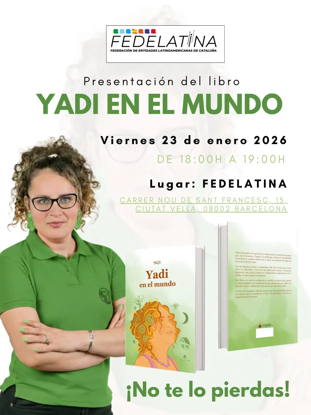 Flyer de la presentación del libro Yadi en el Mundo en Fedelatina, Barcelona