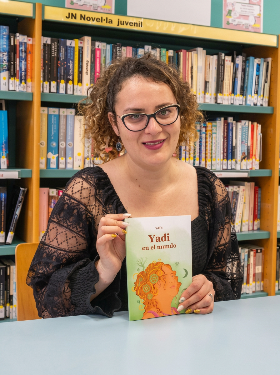 Yadi sosteniendo su libro en la biblioteca