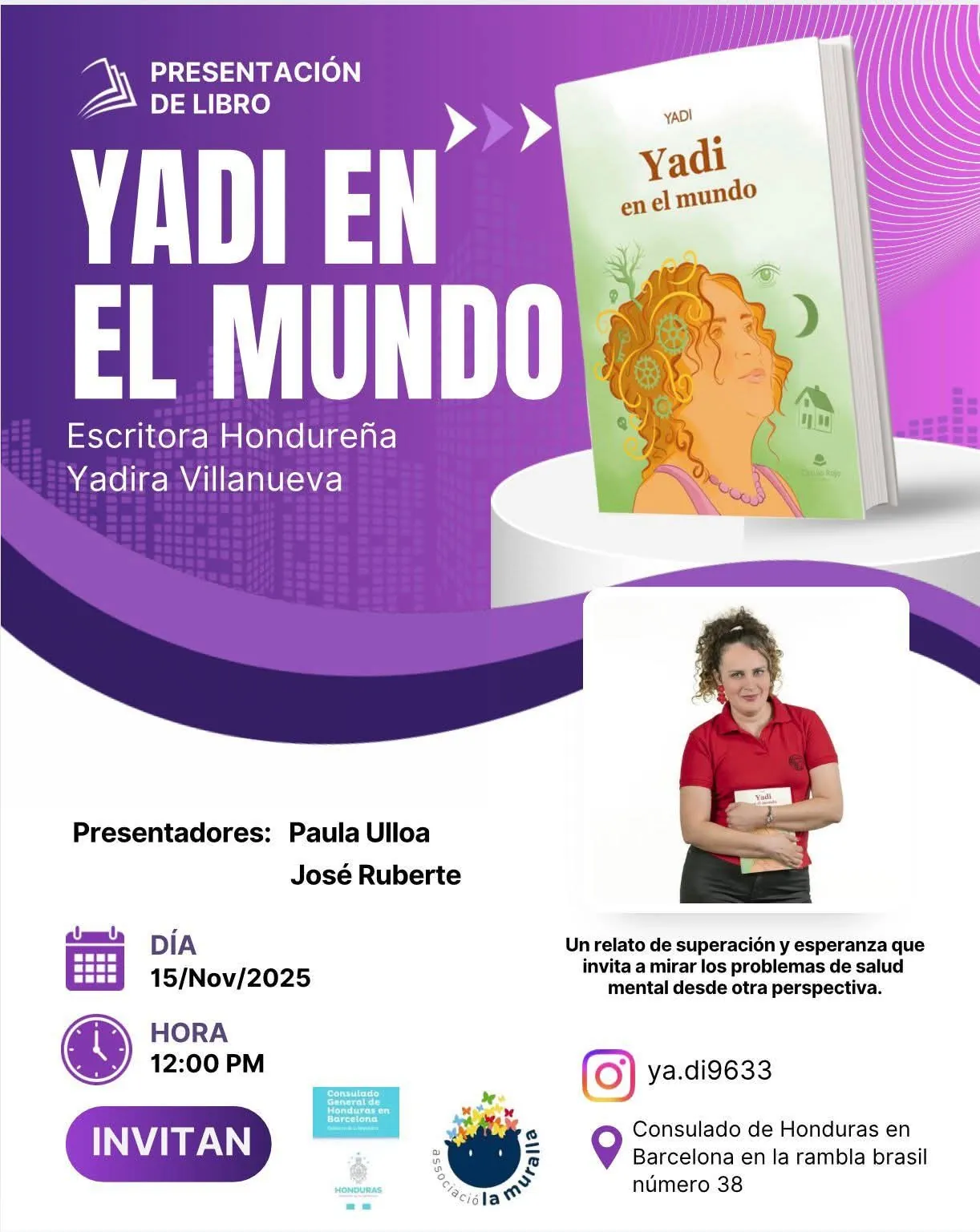 Flyer de la presentación del libro Yadi en el Mundo en el Consulado General de Honduras en Barcelona, 15 de noviembre de 2025