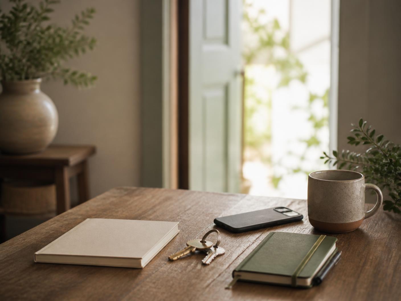 Mujer organizando documentos, agenda y tarjetas sobre una mesa de madera con luz natural